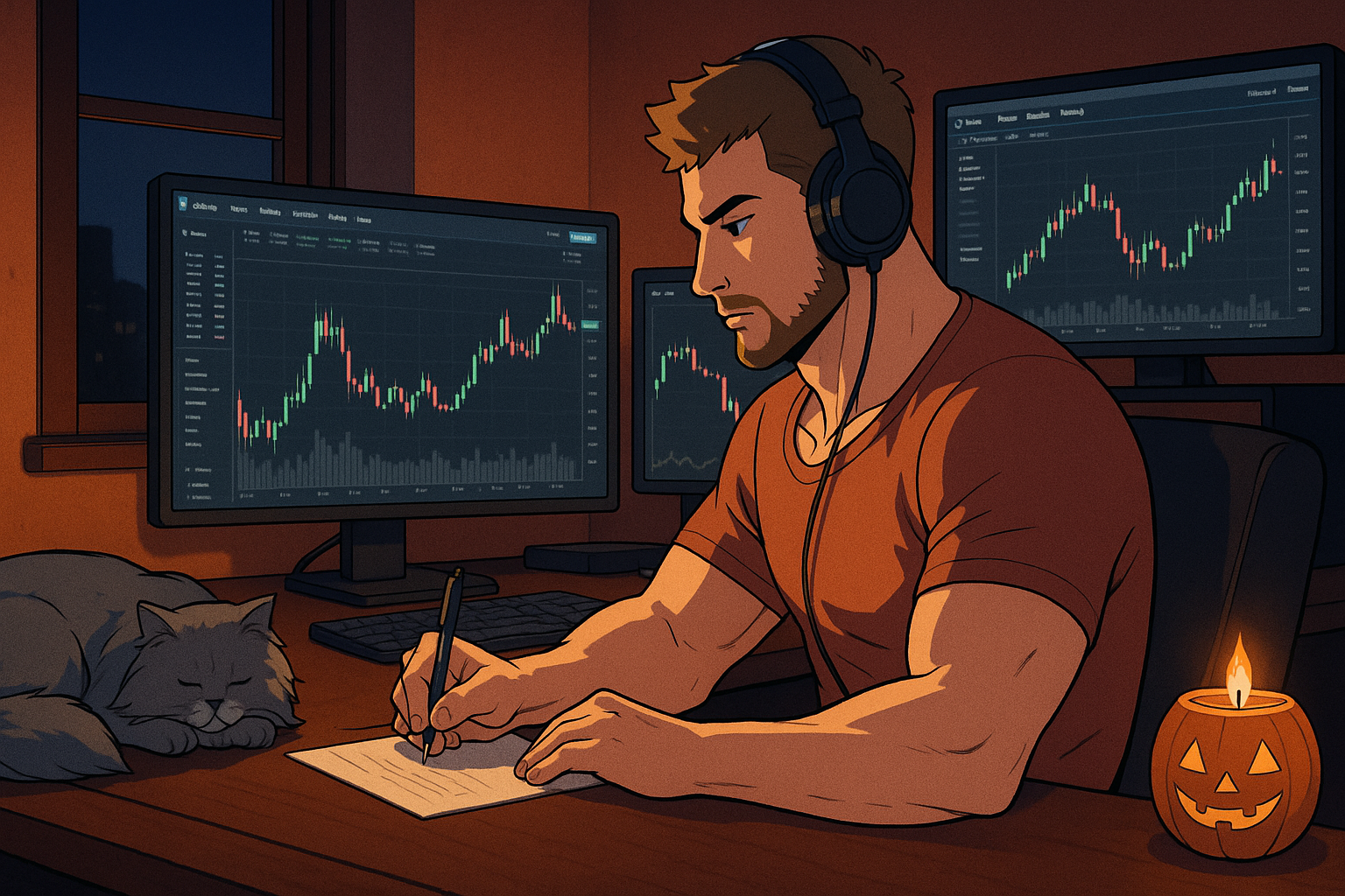 Wider room view with city lights outside